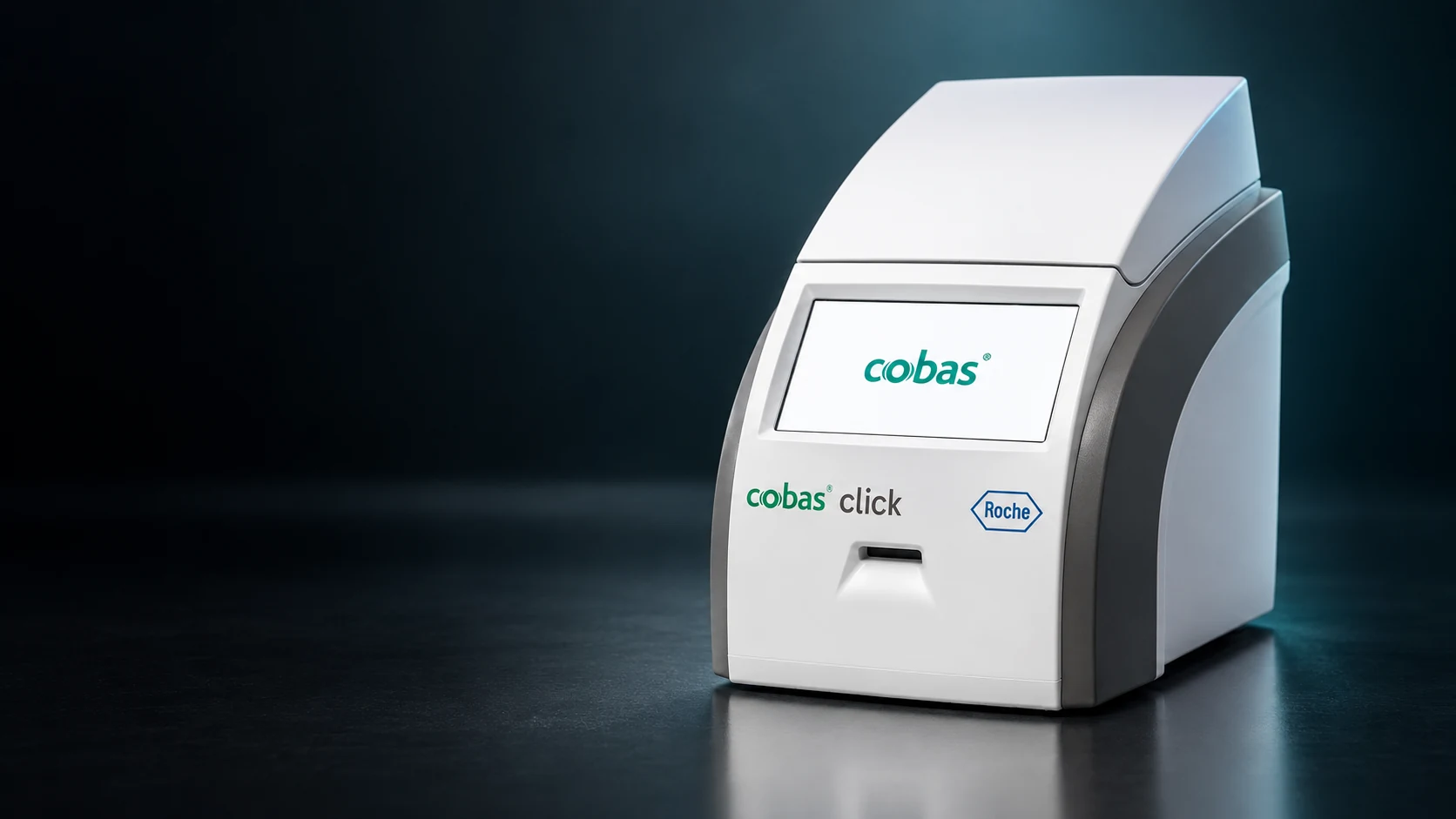 짙은 청록색 배경 위 Roche 로슈 cobas click 제품 비주얼