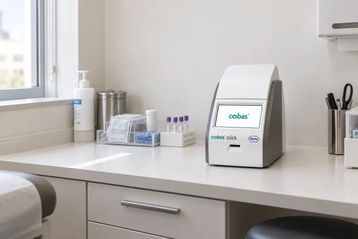 Roche 로슈 cobas click을 놓은 작은 의원의 탁상형 검사 공간을 표현한 AI 생성 이미지