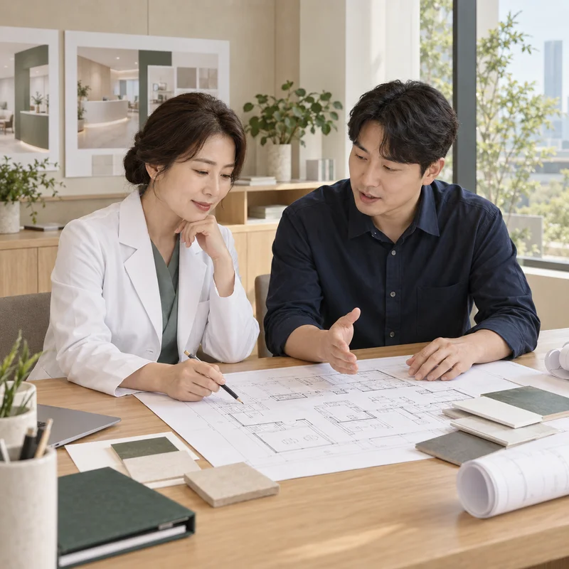 의료진과 담당자가 개원 도면을 검토하는 설명용 이미지
