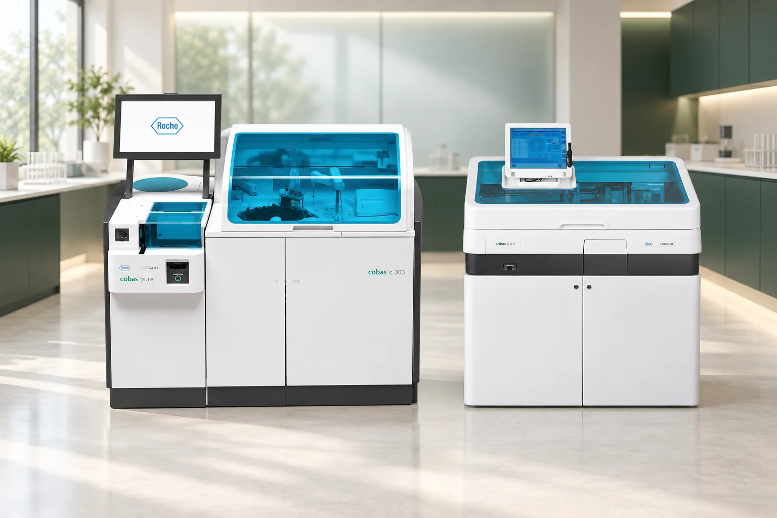 Roche 로슈 c303와 e411을 나란히 배치한 검사실 구성 연출 이미지