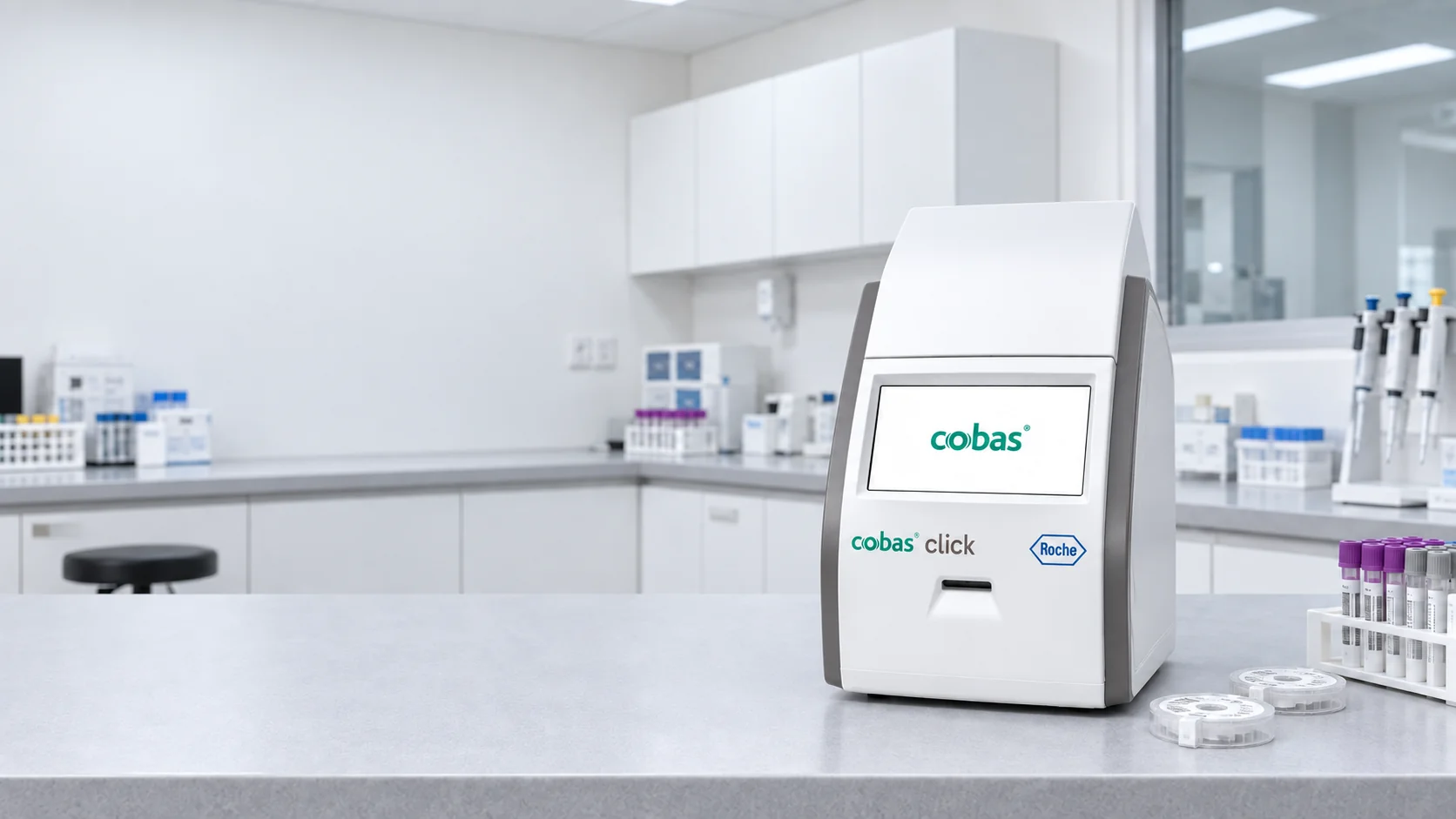 로슈 cobas click 실제 제품 사진을 바탕으로 검사실 작업대에 배치한 AI 연출 이미지
