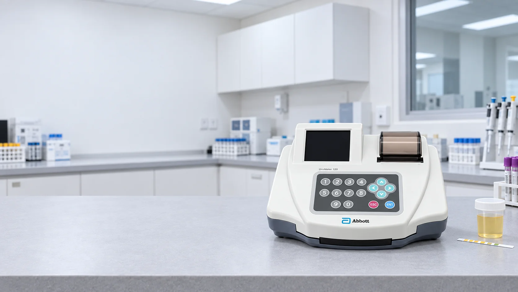 UroMeter 120 실제 제품 사진을 바탕으로 검사실 작업대에 배치한 AI 연출 이미지